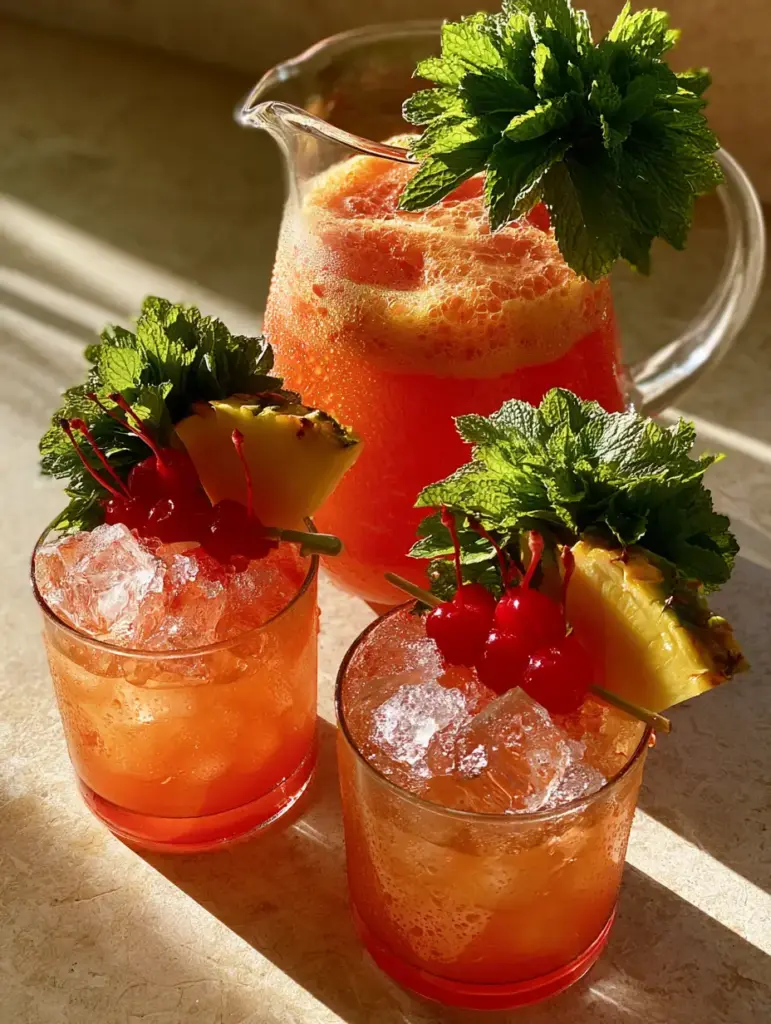 Two rocks glasses filled with amaretto island punch featuring large clear ice cubes and bamboo skewers with fruit.