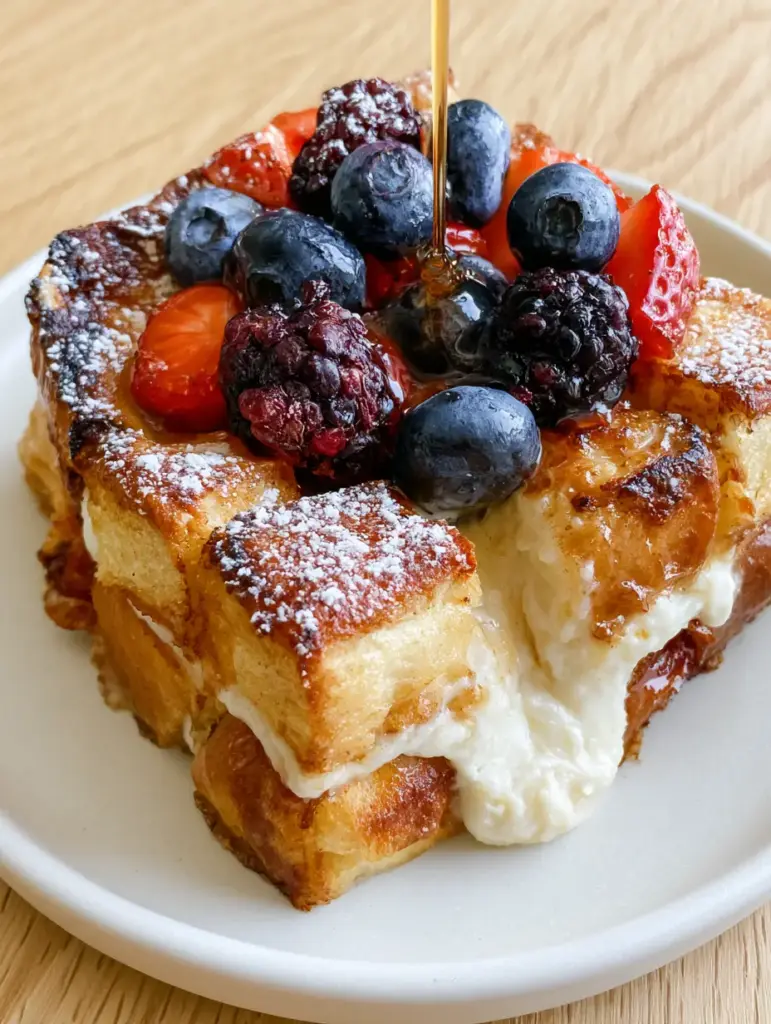 Easter Sunday Recipe: The Ultimate Berries and Cream Brioche French Toast Bake 1 A minimalist white plate holding a square slice of berry-topped French toast with maple syrup drizzle.