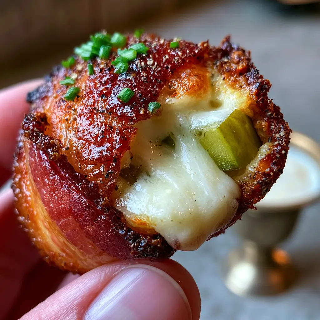 Pickle Poppers with Crispy Bacon and Whipped Cream Cheese 2 Extreme close-up of a single bacon-wrapped pickle popper held between fingers with a bite taken out. (pickle poppers)