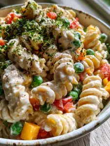 Close up of al dente rotini spirals in ruby tuesday pasta salad with thick ivory dressing.