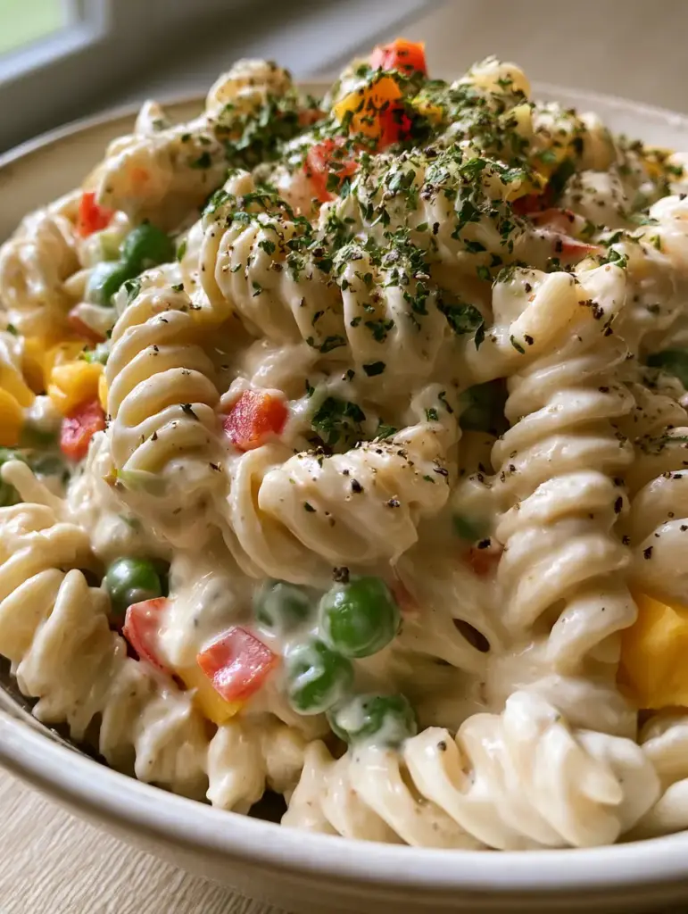Diced red peppers and yellow cheddar cheese cubes in a ruby tuesday pasta salad bowl.