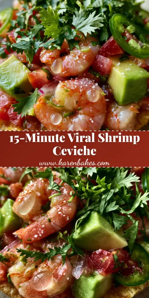 A vibrant Mexican Shrimp Ceviche piled high on a crispy golden corn tostada with lime-cured shrimp and avocado cubes.