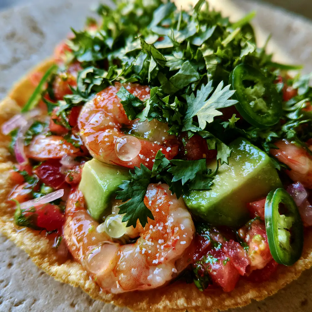 Close up view of Shrimp Ceviche ingredients including translucent red onion slivers and green jalapeno rounds.
