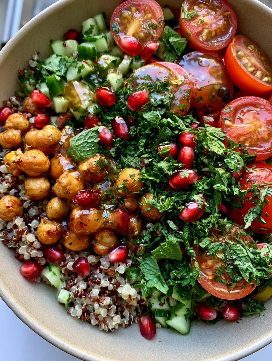 Macro shot of Moroccan quinoa salad showing fluffy quinoa pearls, emerald mint, and blistered golden chickpeas. (Moroccan quinoa salad)