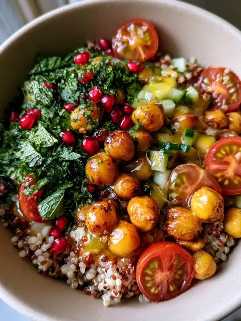 Overhead view of a Moroccan quinoa salad garnished with ruby pomegranate seeds and toasted slivered almonds in a neutral stoneware bowl.