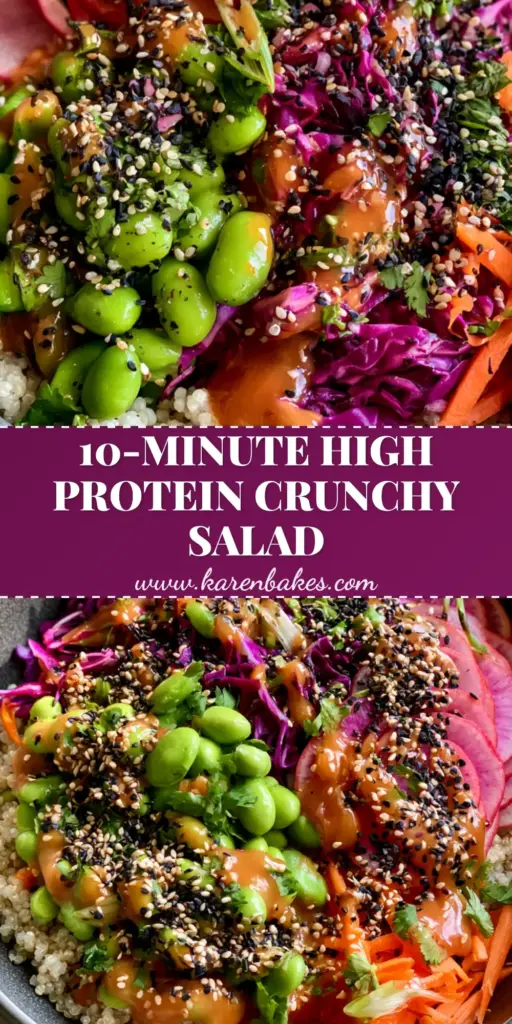 A vibrant Edamame quinoa salad in a charcoal bowl featuring neon-green edamame, purple cabbage, and amber sesame ginger dressing.