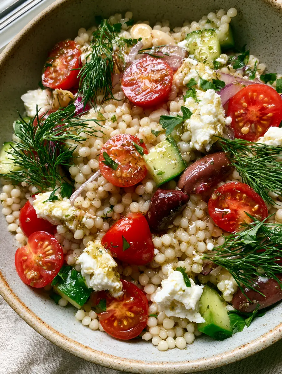 Greek Couscous Salad with Pearl Pasta and Zesty Lemon Vinaigrette 3 Top-down macro shot of Greek Couscous Salad showing glistening pearl grains and emerald cucumbers. (Greek Couscous Salad)