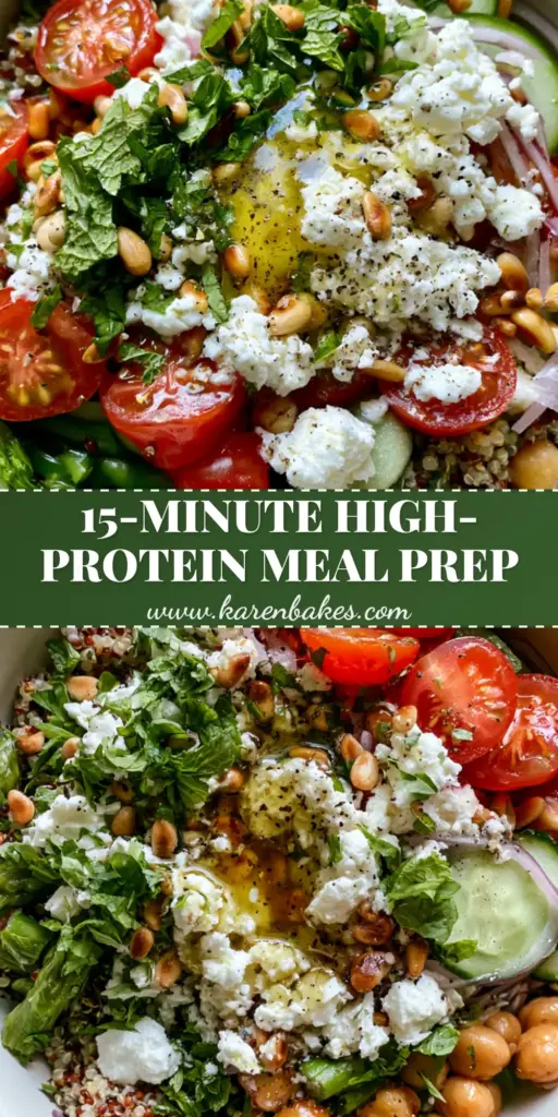 Asparagus Chickpea Quinoa Salad with Lemon Herb Vinaigrette 4 A vertical Pinterest Pin for Asparagus Chickpea Quinoa Salad featuring bright green asparagus tips, golden chickpeas, and tri-color quinoa in a white bowl.