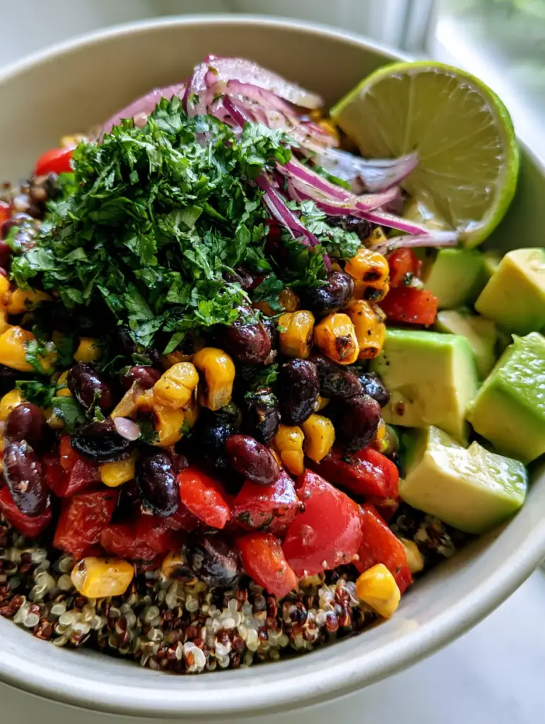 Quinoa and Bean Salad with Charred Corn and Zesty Lime 2 Close-up of tri-color quinoa grains mixed with glossy black beans and red bell peppers. (Quinoa and Bean Salad)