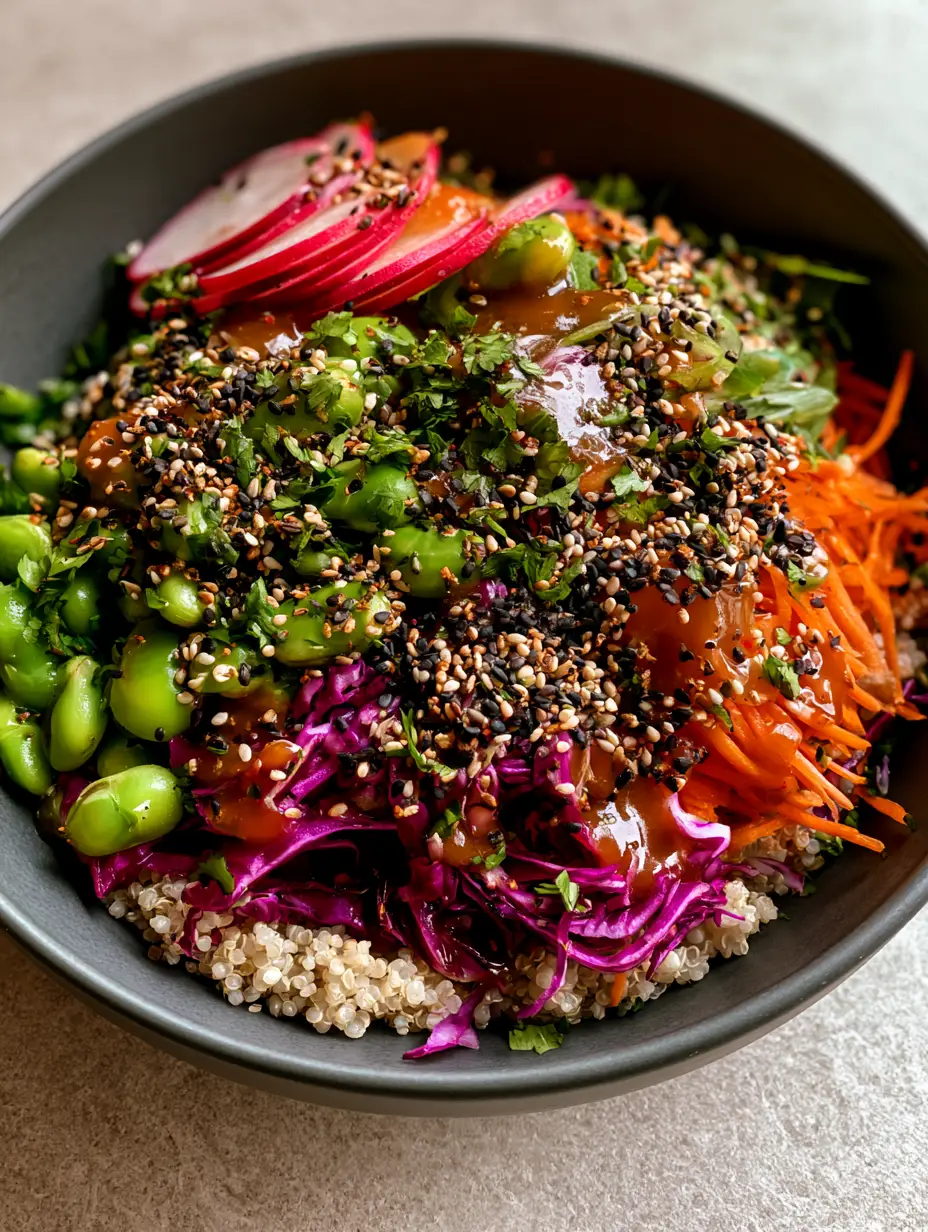 Overhead shot of Edamame quinoa salad showing fluffy white quinoa and shredded purple cabbage.