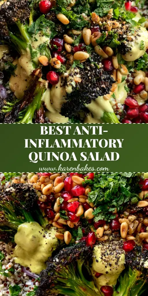 A tall, vibrant Pinterest-style shot of Roasted Broccoli Quinoa Salad with charred florets and a creamy tahini drizzle.