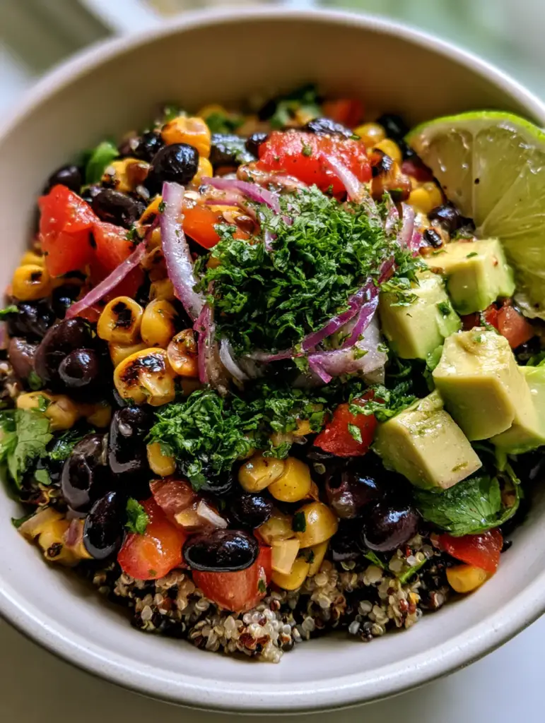 Quinoa and Bean Salad with Charred Corn and Zesty Lime 1 A bowl of Quinoa and Bean Salad topped with fresh avocado cubes and slivered red onion.