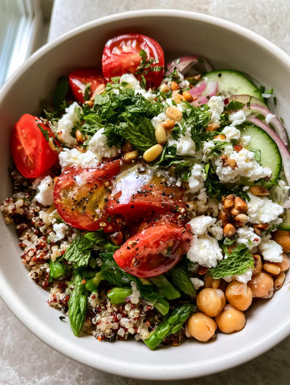 Asparagus Chickpea Quinoa Salad with Lemon Herb Vinaigrette 3 Top-down macro shot of an Asparagus Chickpea Quinoa Salad with creamy feta, cherry tomatoes, and mint in a white bowl.