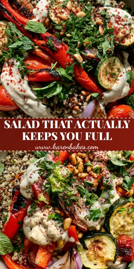 Roasted vegetable quinoa salad with Creamy Lemon Tahini Dressing 3 A vertical Pinterest pin showing a vibrant Roasted vegetable quinoa salad with charred peppers, blistered tomatoes, and creamy tahini dressing.