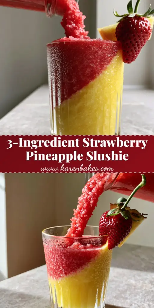 Pineapple Strawberry Slushies: The Ultimate Dual-Layered Frosty Refresher 4 A dual-layered pineapple strawberry slushy in a ribbed glass with vibrant yellow and red layers, garnished with a fresh strawberry and pineapple wedge.