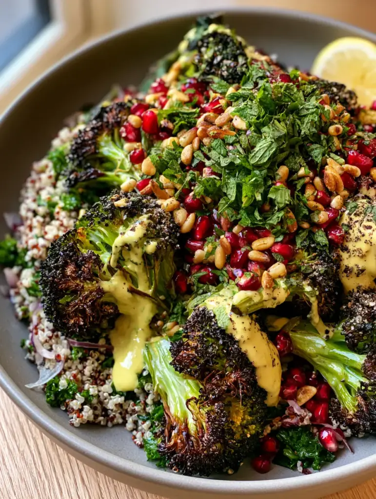 Close-up of the charred edges of broccoli and ruby red pomegranate seeds in a Roasted Broccoli Quinoa Salad.