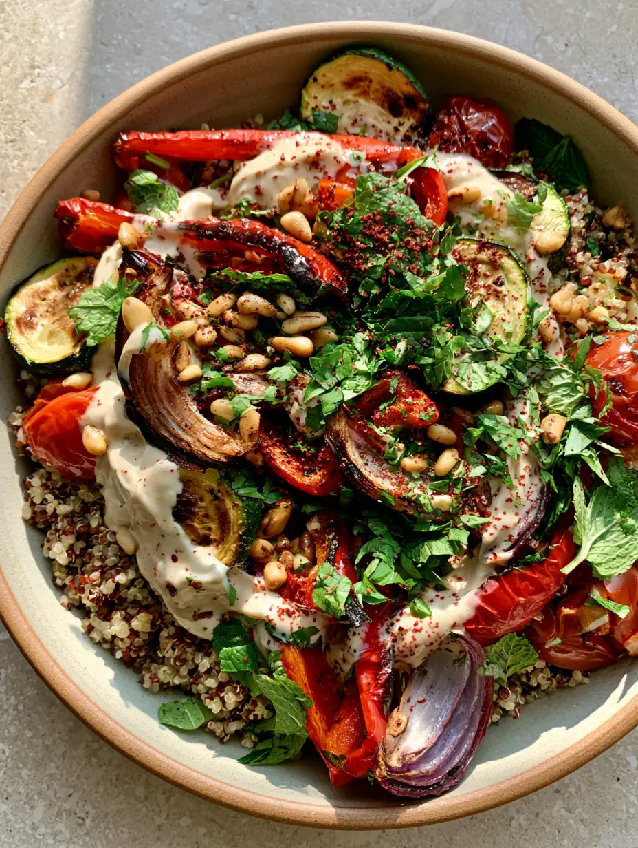 Roasted vegetable quinoa salad with Creamy Lemon Tahini Dressing 4 Macro top-down view of Roasted vegetable quinoa salad in a ceramic bowl showing charred zucchini and red peppers.
