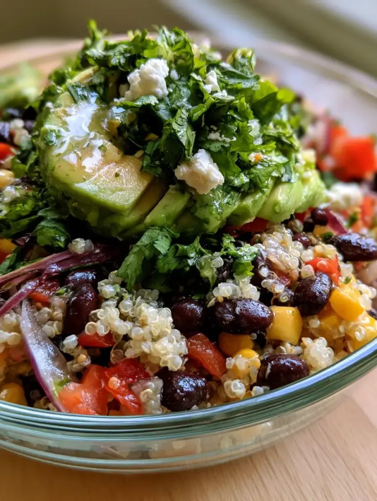 Black Bean Quinoa Salad: The Ultimate Zesty Mexican-Inspired Bowl 1 Top down view of black bean quinoa salad featuring sliced avocado, red pepper, and cotija cheese.