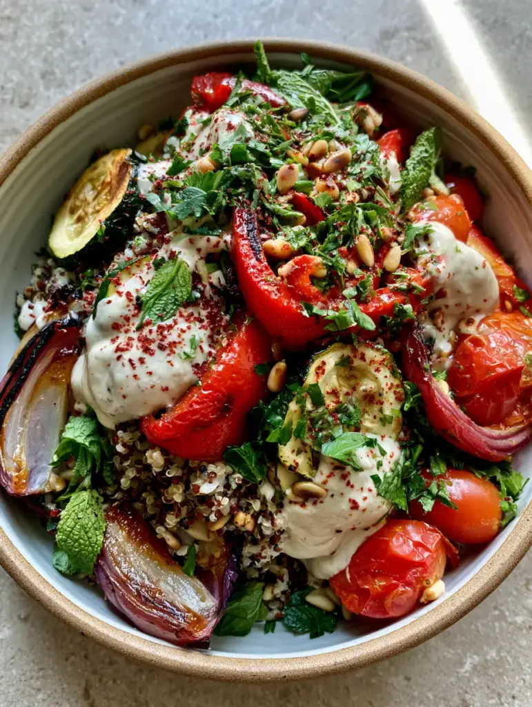 Roasted vegetable quinoa salad with Creamy Lemon Tahini Dressing 1 Close up of creamy lemon tahini dressing being drizzled over a Roasted vegetable quinoa salad.