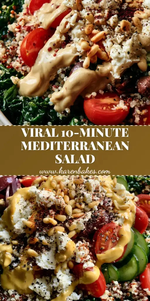 A top-down view of a Mediterranean Quinoa kale salad featuring deep forest-green kale, white and red quinoa, and a creamy tahini drizzle in a matte ceramic bowl.