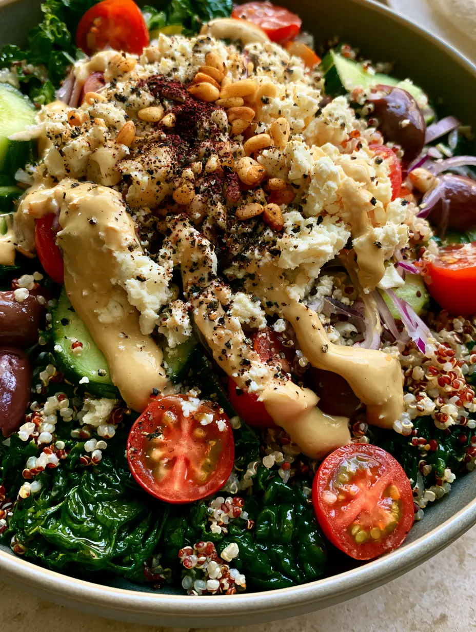 Hyper-realistic close up of massaged curly kale mixed with red and white quinoa pearls for a Quinoa kale salad.