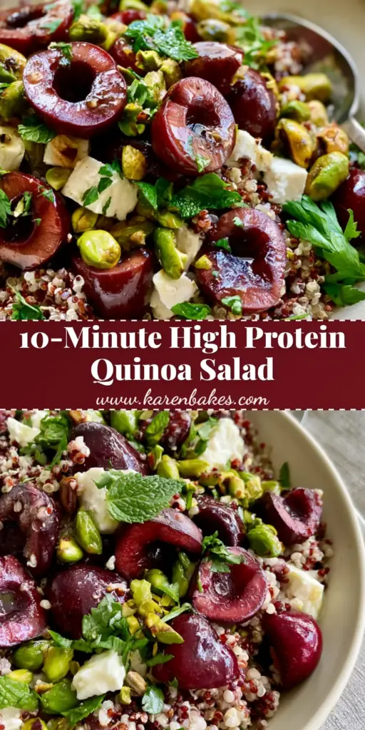 A vertical close-up of Cherry Pistachio Quinoa Salad with mahogany cherries, emerald pistachios, and white feta in a cream bowl.
