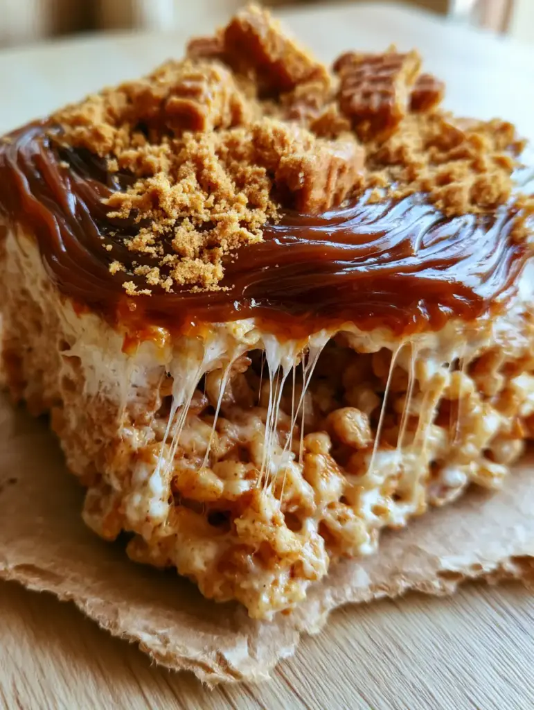 Biscoff Rice Krispie Treats with Gooey Cookie Butter Swirls 2 A macro photo of thick biscoff rice krispie treats revealing glistening strands of melted marshmallow webbing.