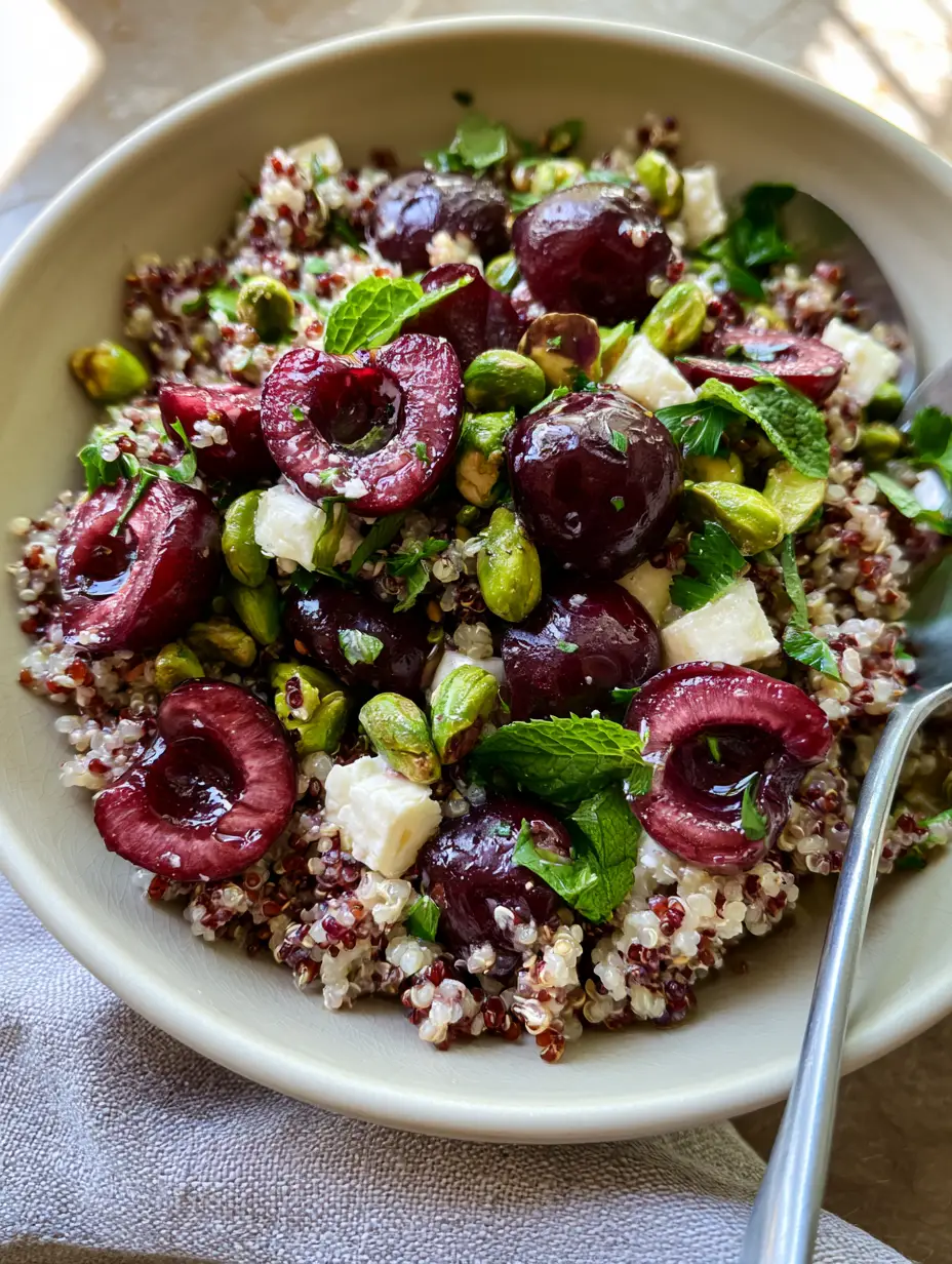 High-angle shot of fluffy red and white Cherry Pistachio Quinoa Salad with a light olive oil glaze sheen.
