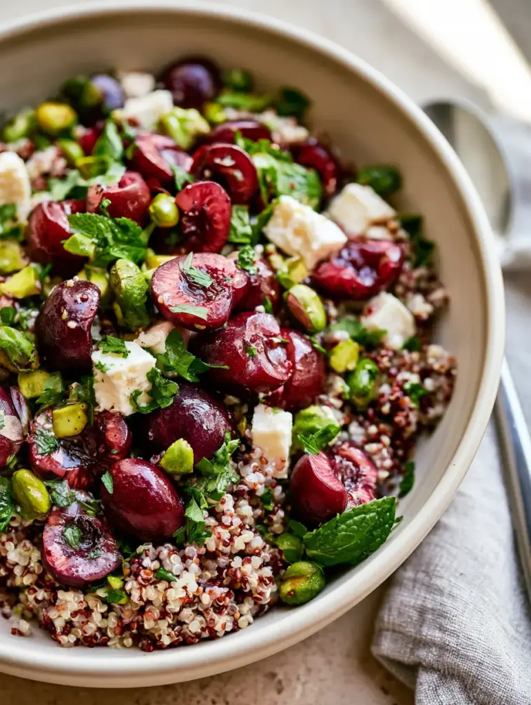 Close-up of fresh mint chiffonade and crumbled feta on top of a Cherry Pistachio Quinoa Salad.