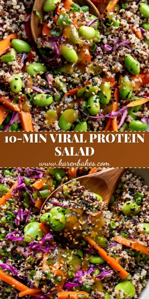 Quinoa Edamame Salad with Ginger Soy Dressing (Vibrant & Protein-Packed) 3 A vibrant quinoa edamame salad featuring tri-color quinoa, neon-green edamame, and purple cabbage in a wide matte bowl with a wooden spoon.