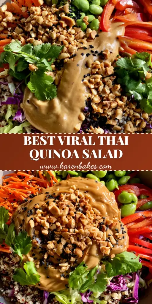 A top-down view of a vibrant Thai quinoa salad in a matte ceramic bowl, featuring red and white quinoa, purple cabbage, and a thick peanut dressing ribbon. (Thai quinoa salad)