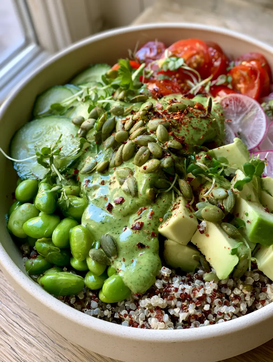 Close up of Green Goddess Quinoa Salat showing fluffy white and red grains and vibrant blanched edamame.