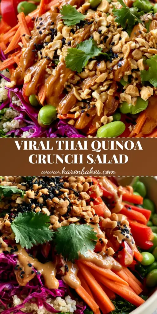 A tall, vertical shot of a vibrant Thai Quinoa Crunch Salad with neon-purple cabbage and glossy peanut dressing drizzle.