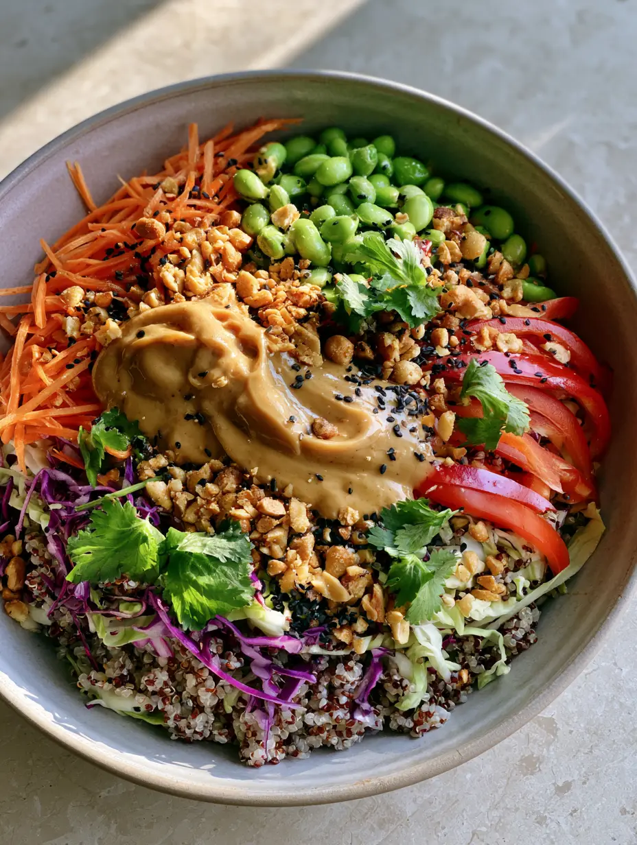 Overhead shot of Thai quinoa salad showing the geometric arrangement of carrots, edamame, and bell peppers on a light grey stone surface. (Thai quinoa salad)