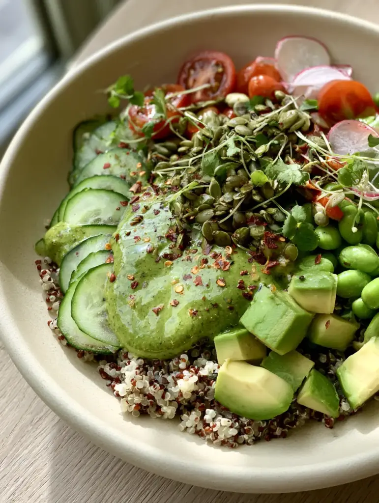 Overhead view of the Green Goddess Quinoa Salat with thick emerald dressing and thin-sliced radishes.