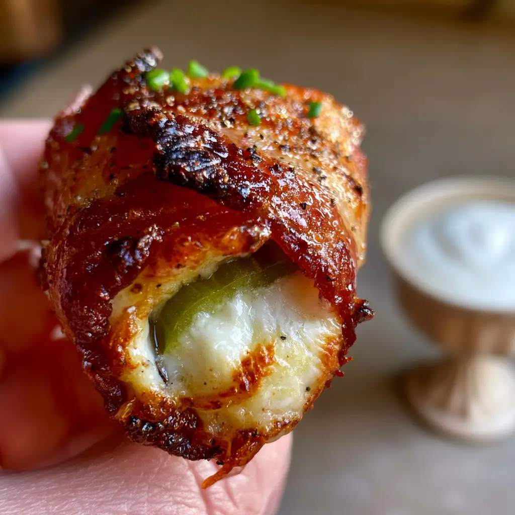 Pickle Poppers with Crispy Bacon and Whipped Cream Cheese 1 Sharp focus on the mahogany charred edges of the bacon on a pickle popper, sprinkled with chives. (pickle poppers)