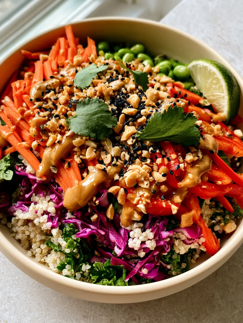 A handheld smartphone photo showing the texture of crushed toasted peanuts and creamy sauce on a Thai Quinoa Crunch Salad.