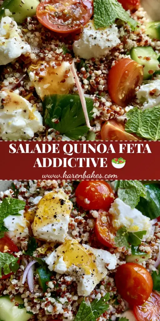 A top-down view of a vibrant quinoa salade feta in a stoneware bowl with large feta crumbles and juicy tomatoes.