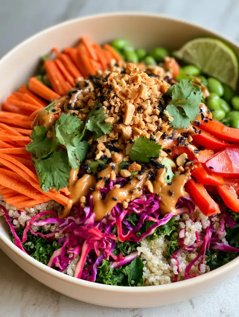 Thai Quinoa Crunch Salad in a matte cream ceramic bowl featuring matchstick carrots and bright edamame.