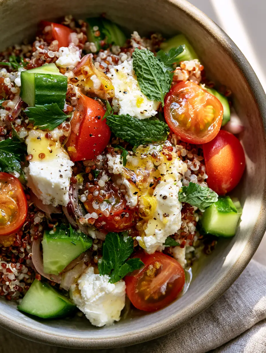 Close-up of individual grains of white and red quinoa in a quinoa salade feta.