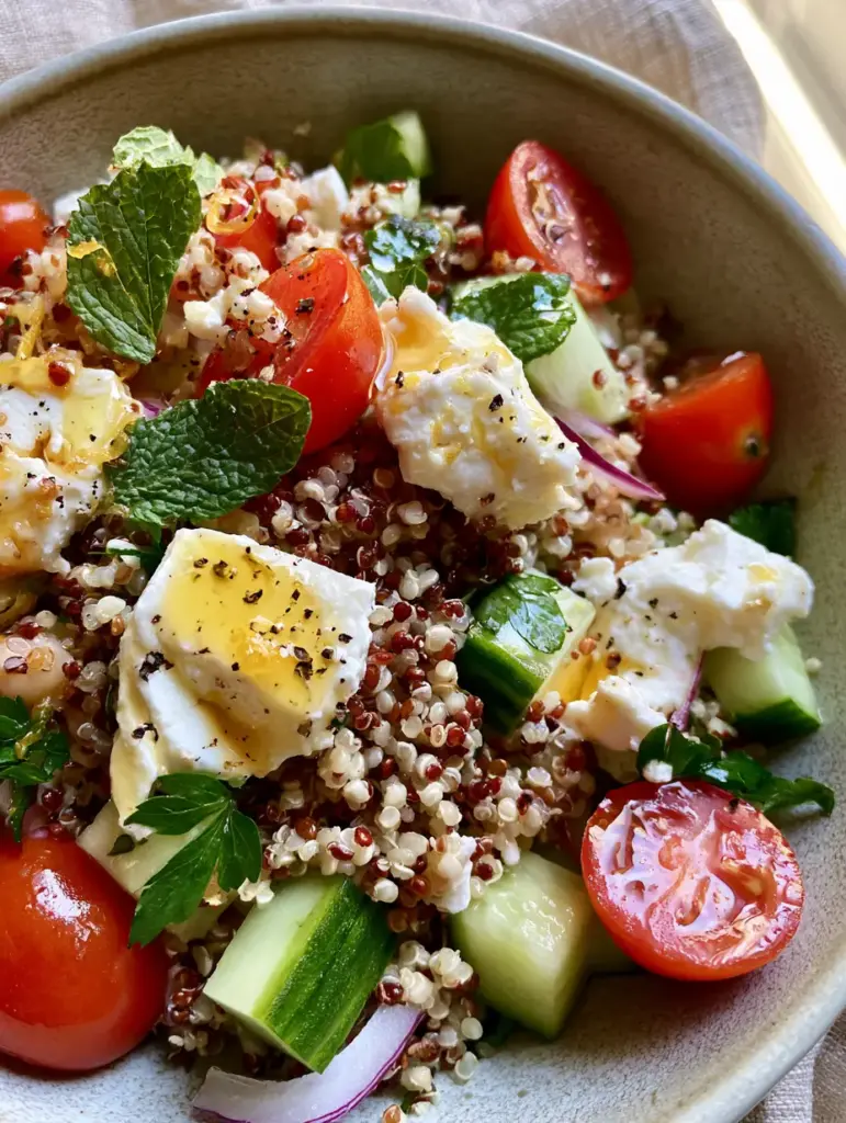 Juicy cherry tomatoes and crisp Persian cucumbers mixed into a quinoa salade feta.