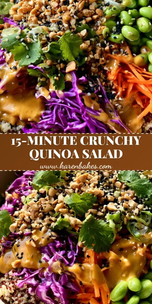 Asian Quinoa Salad with Creamy Peanut Dressing 3 A top-down view of an Asian quinoa salad in a white bowl with purple cabbage, carrots, edamame, and glossy peanut dressing.