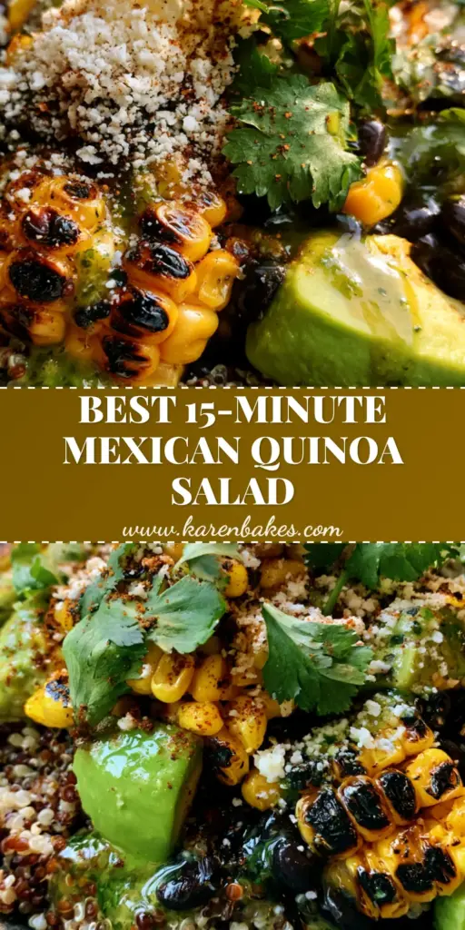 A tall, vertical shot of a charred corn avocado quinoa salad in a grey bowl, highlighting the black sear marks on the corn and the neon green dressing.