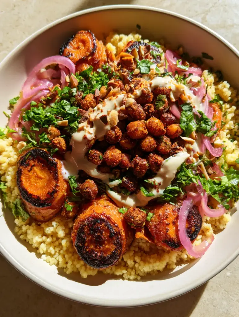Moroccan-Spiced Chickpea and Carrot Couscous Salad with Lemon Tahini 1 Vibrant grain bowl featuring pickled red onions, almond slivers, and a creamy tahini ribbon drizzle.