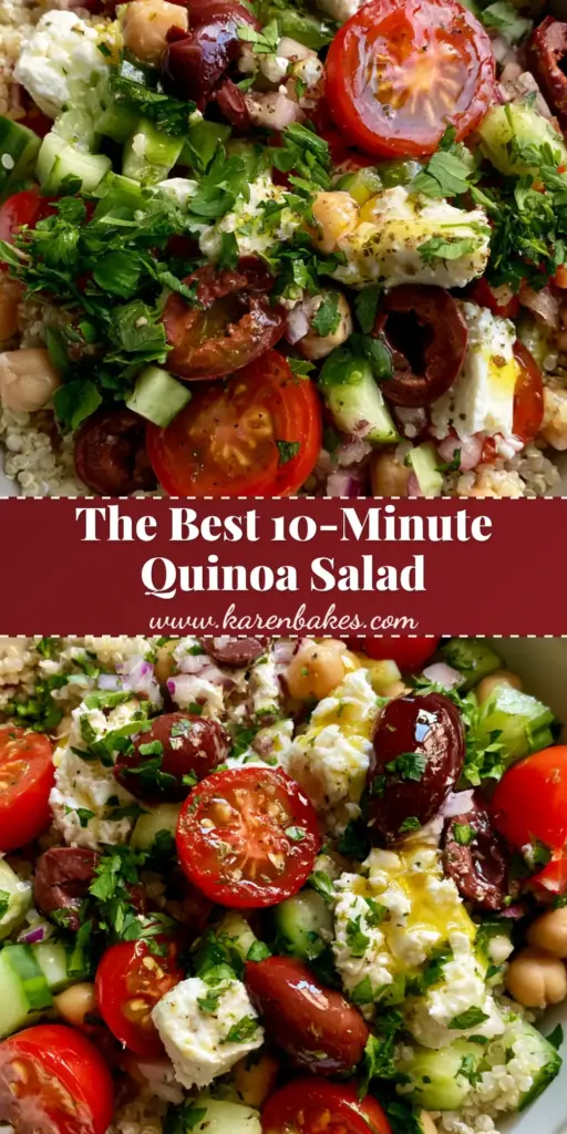 Healthy Quinoa Salad with Lemon-Herb Vinaigrette 4 A vibrant healthy quinoa salad in a white bowl with cherry tomatoes, feta, and kalamata olives, shot top-down on stone.
