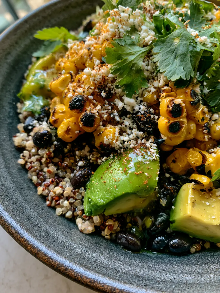 Top-down macro view of charred corn avocado quinoa salad showing fluffy grains, glossy black beans, and vibrant green cilantro lime vinaigrette.