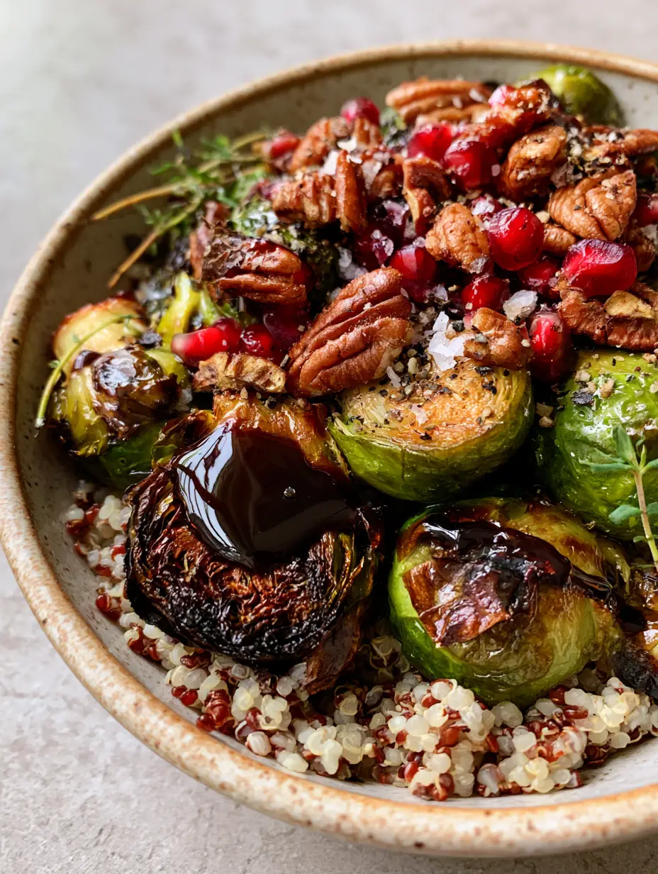 Extreme close-up of charred Brussels sprouts and fluffy white and red quinoa in a ceramic bowl. (Quinoa Brussels Sprouts Salad)