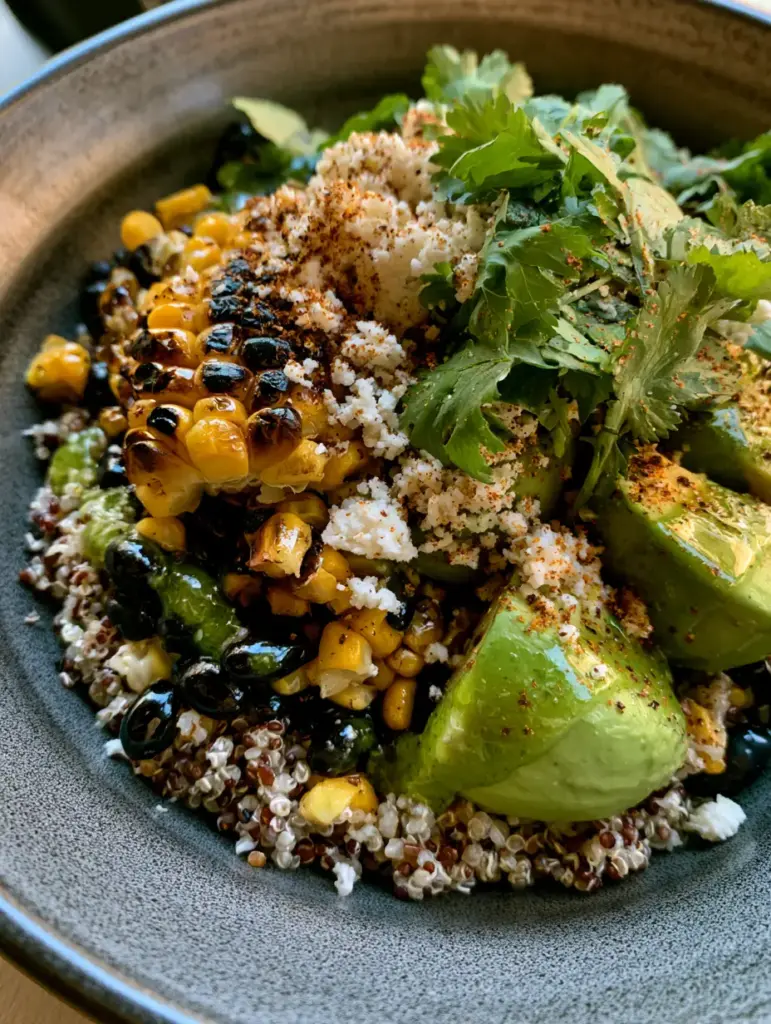 Charred corn avocado quinoa salad in a charcoal grey bowl with natural morning light highlights on the avocado and cotija cheese.