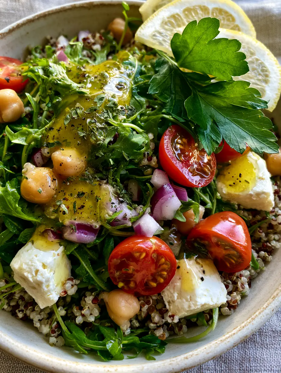 Close-up of a vibrant Mediterranean Chickpea arugula quinoa salad with visible glossy lemon-herb vinaigrette and torn parsley.