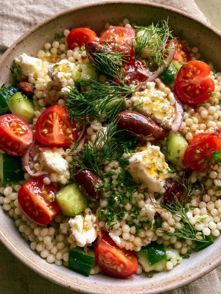 Greek Couscous Salad with Pearl Pasta and Zesty Lemon Vinaigrette 1 Overhead view of a rustic ceramic bowl filled with colorful Greek Couscous Salad including Kalamata olives and feta.